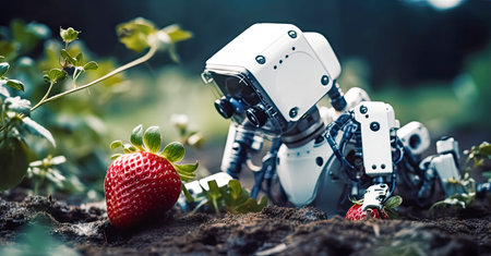 Ai Robot is harvesting fruit and vegetable in agriculture field, for Farming technology concept.の素材