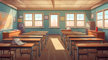 Empty classroom illustration for Game and Cartoon background and banner, Generative Aiの素材