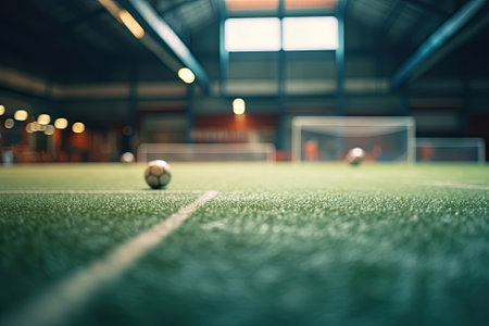 Soccer Ball on an indoor sport stadium with goal and empty field.の素材