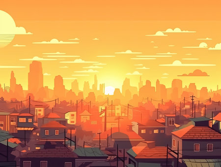 densed city skyline building with sunset for cartoon and game background and backdropの素材