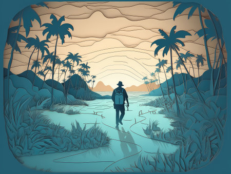 Silhouette sunset shot of traveler walking on a beach ocean for poster and banner , Generative Aiの素材
