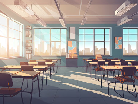 Empty classroom illustration for Game and Cartoon background and banner, Generative Aiの素材