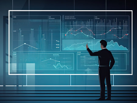 Business Man pointing on a smart screen for Business plan graph and chart, Generative AIの素材