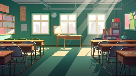 Empty classroom illustration for Game and Cartoon background and banner, Generative Aiの素材