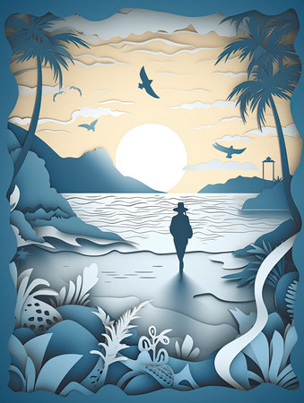 Silhouette sunset shot of traveler walking on a beach ocean for poster and banner , Generative Aiの素材