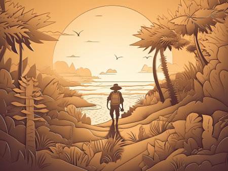 Silhouette sunset shot of traveler walking on a beach ocean for poster and banner , Generative Aiの素材