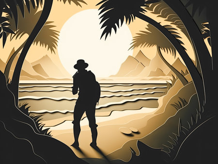 Silhouette sunset shot of traveler walking on a beach ocean for poster and banner , Generative Aiの素材