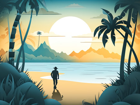 Silhouette sunset shot of traveler walking on a beach ocean for poster and banner , Generative Aiの素材