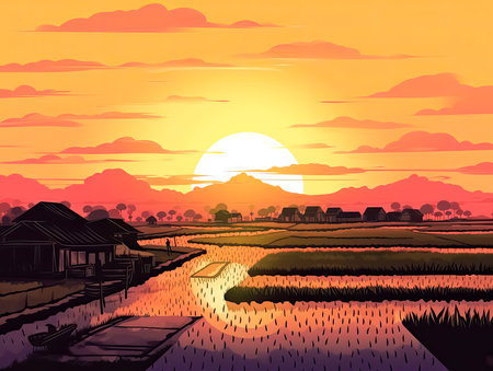 Sunset Rural Farming background for Asian agriculture concept Posterの素材