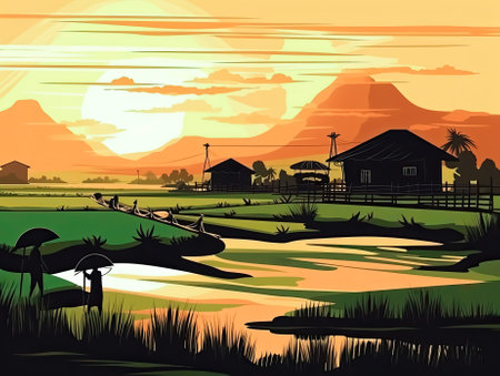 Red Sunset on farm agriculture country background illustration for posterの素材