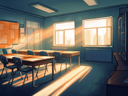 Empty classroom illustration for Game and Cartoon background and banner, Generative Aiの素材