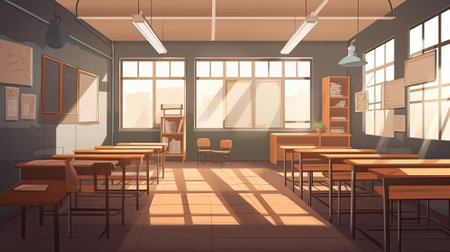 Empty classroom illustration for Game and Cartoon background and banner, Generative Aiの素材