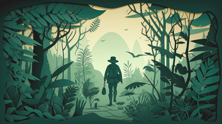 Hiking forest travel Paper cut style for adventure in nature concept, Banner and Poster, Generative Aiの素材