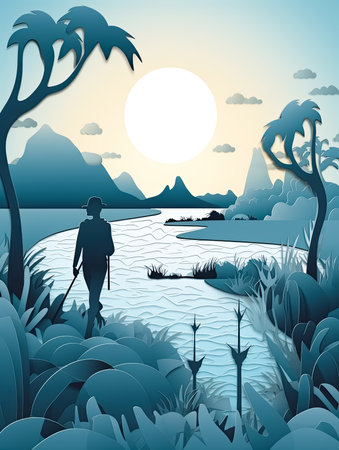 Silhouette sunset shot of traveler walking on a beach ocean for poster and banner , Generative Aiの素材