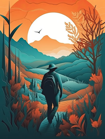 traveler travel in Sunset Mountain Paper cut style for travel concept, Banner and Poster, Generative Aiの素材