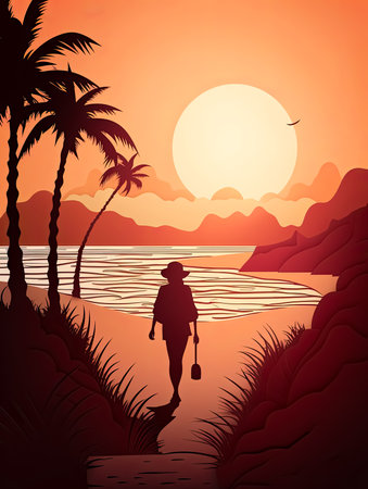 Silhouette sunset shot of traveler walking on a beach ocean for poster and banner , Generative Aiの素材