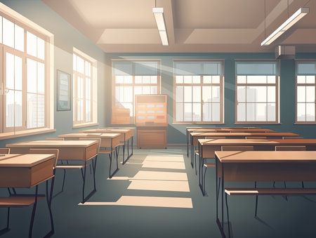 Empty classroom illustration for Game and Cartoon background and banner, Generative Aiの素材