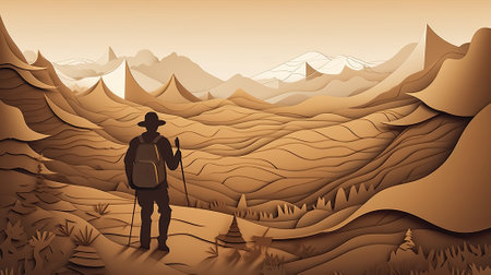 Hiking Mountain Paper cut style for adventure travel in nature concept, Banner and Poster, Generative Aiの素材
