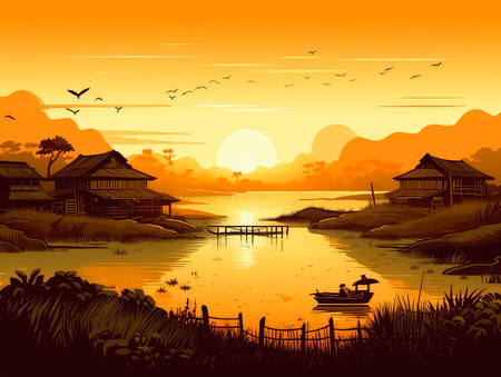 Red Sunset on farm agriculture country background illustration for posterの素材