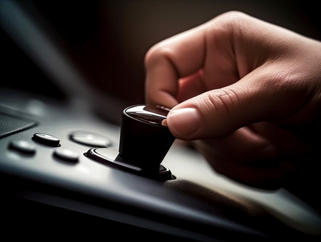 Hand Pushing on a smart start button on car control engine ignition for electric car automobile, Generative Aiの素材