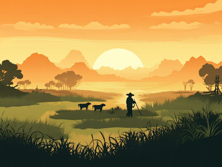 Asian Farming Background in green tone for backdrop poster, Generative Aiの素材