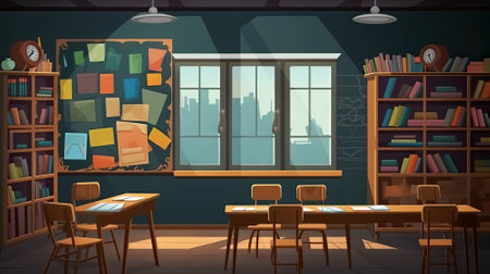 Empty classroom illustration for Game and Cartoon background and banner, Generative Aiの素材