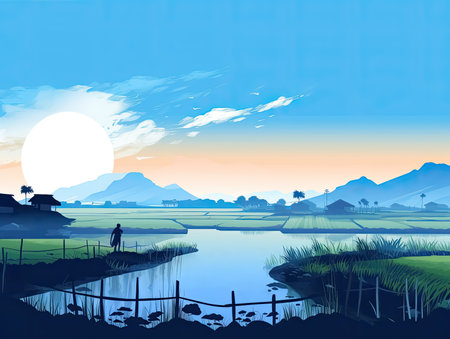 Country farm with water illustration background in blue toning, Generative Aiの素材