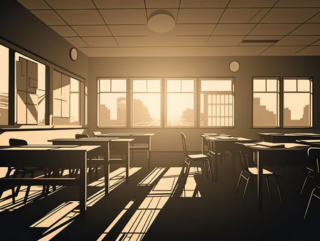 Empty classroom illustration for Game and Cartoon background and banner, Generative Aiの素材