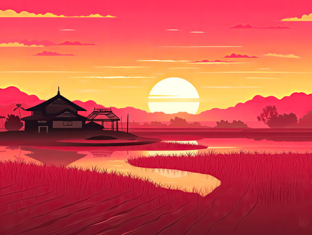 Sunset Rural Farming background for Asian agriculture concept Posterの素材