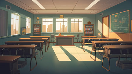 Empty classroom illustration for Game and Cartoon background and banner, Generative Aiの素材