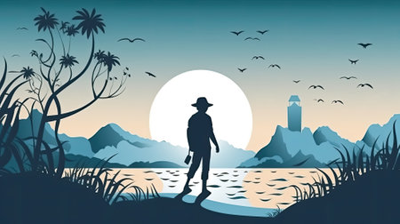 Silhouette sunset shot of traveler walking on a beach ocean for poster and banner , Generative Aiの素材