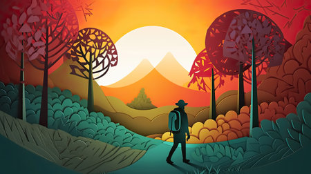 Hiking forest travel Paper cut style for adventure in nature concept, Banner and Poster, Generative Aiの素材