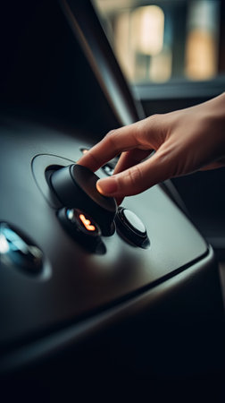 Hand Pushing on a smart start button on car control engine ignition for electric car automobile, Generative Aiの素材