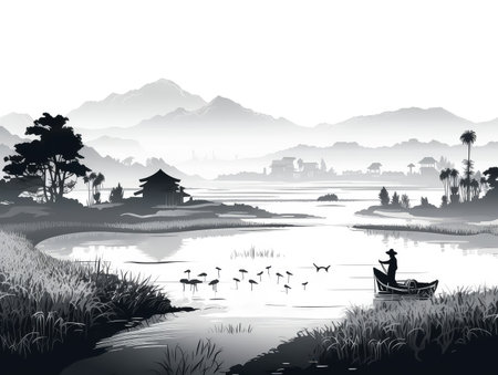 Black and White farm agriculture country background painting illustration for poster, Generative Aiの素材