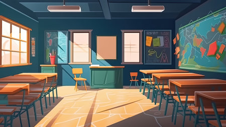 Empty classroom illustration for Game and Cartoon background and banner, Generative Aiの素材