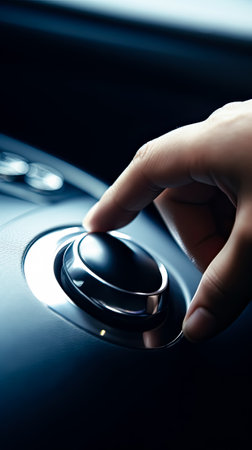 Hand Pushing on a smart start button on car control engine ignition for electric car automobile, Generative Aiの素材
