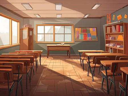 Empty classroom illustration for Game and Cartoon background and banner, Generative Aiの素材