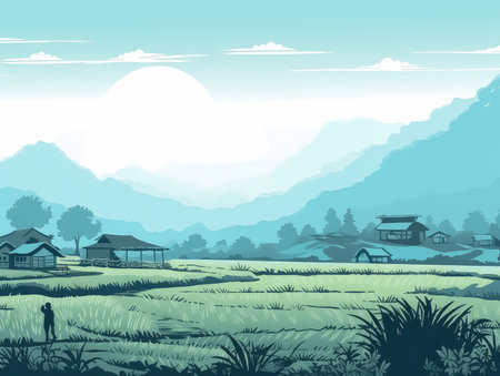 Country farm with water illustration background in blue toning, Generative Aiの素材