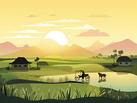 Asian Farming Background in green tone for backdrop poster, Generative Aiの素材