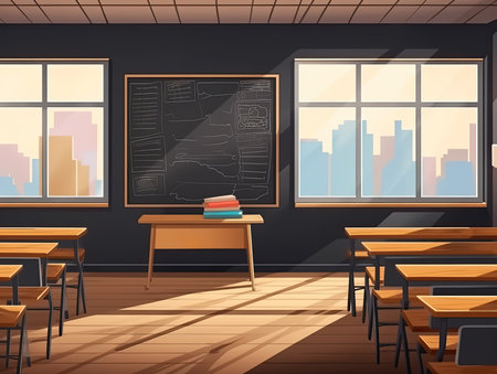 Empty classroom illustration for Game and Cartoon background and banner, Generative Aiの素材