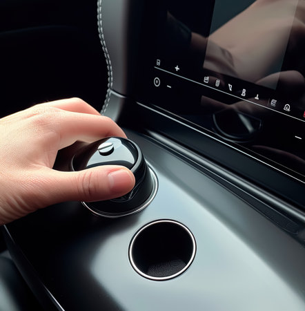 Hand Pushing on a smart start button on car control engine ignition for electric car automobile, Generative Aiの素材