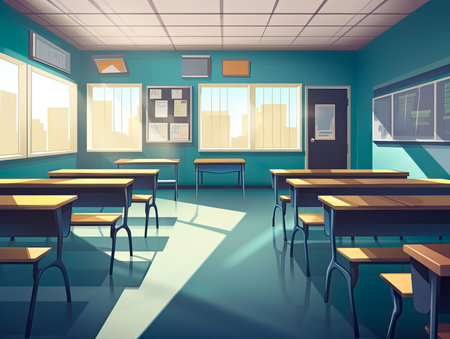 Empty classroom illustration for Game and Cartoon background and banner, Generative Aiの素材
