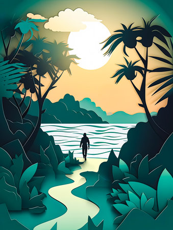 Silhouette sunset shot of traveler walking on a beach ocean for poster and banner , Generative Aiの素材