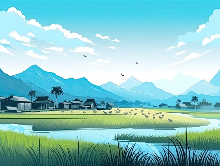 Country farm with water illustration background in blue toning, Generative Aiの素材