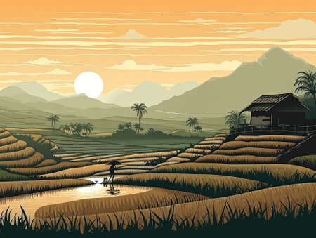 Red Sunset on farm agriculture country background illustration for poster, Generative Aiの素材