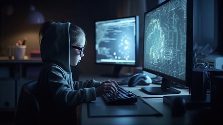 Genius Little boy as a Hacker is coding and programming on computer technology, Generative Aiの素材