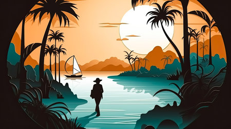 Silhouette sunset shot of traveler walking on a beach ocean for poster and banner , Generative Aiの素材