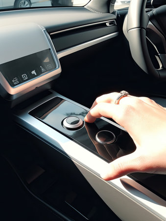 Hand Pushing on a smart start button on car control engine ignition for electric car automobile, Generative Aiの素材