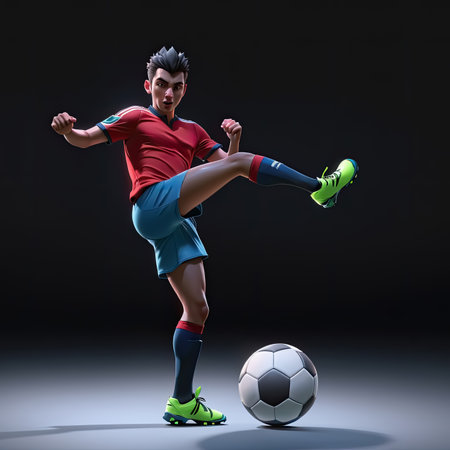 Football player is kicking soccer ball in a stadium with light flare, Generative Aiの素材