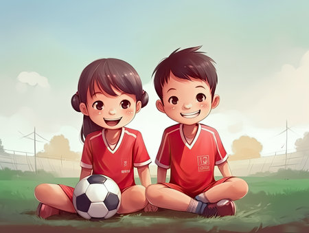 Couple of Boy and Girl in soccer football uniform for youth sport concept, Generative Aiの素材